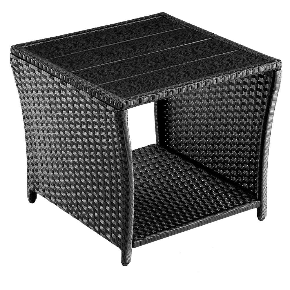 CASARIA Mesita Auxiliar de Poliratán Balcón Jardín 45x45x40cm Tablero WPC Mesa Altura Ajustable Negra