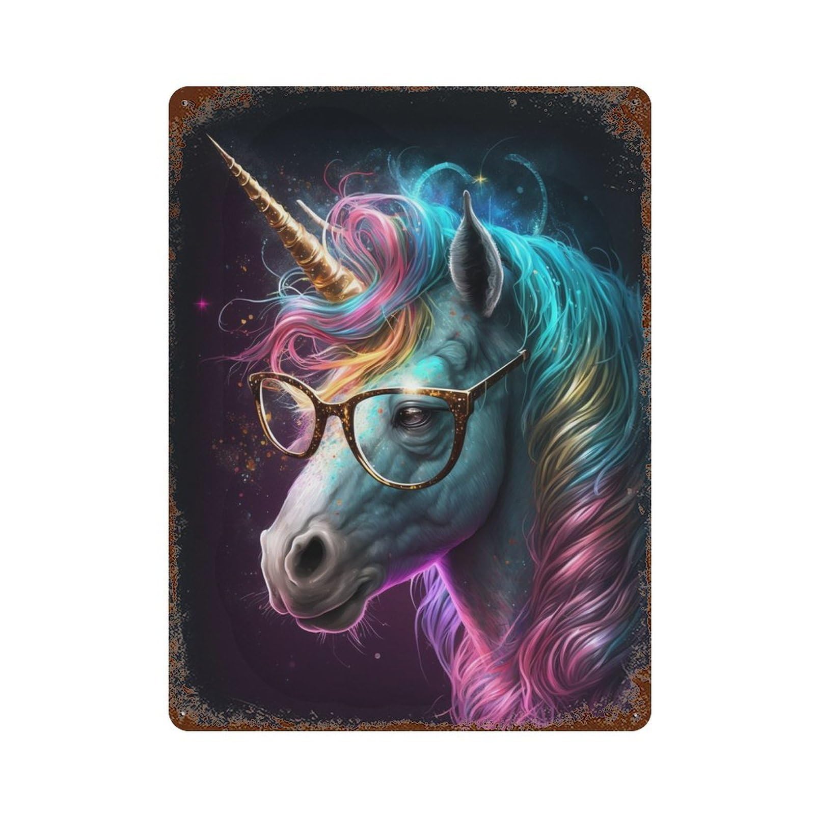 Rust Effect Colorful Unicorn with Glasses Art Print Rustic Tin Plaque 15.7"x11.8", Shabby Chic Decor for Basement, Hobby Room And Garage Decor