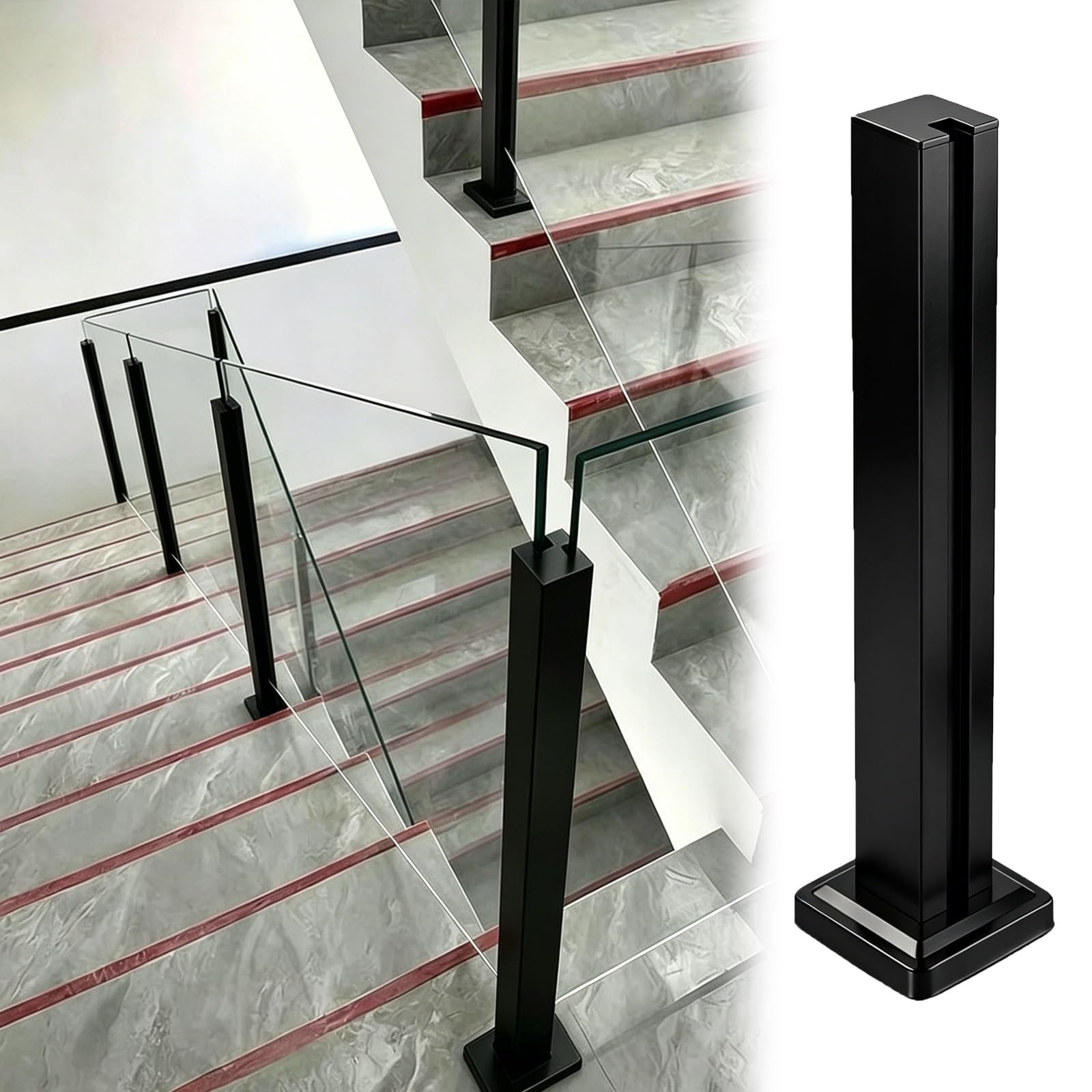 ZJKXJH Indoor Outdoor Glass Railing Post for Stairs, Frameless Panel Baluster Post for Patios/Balconies/Rooftop Terraces, No Drill In Glass(End Post-Black,H-43.3"/110cm)