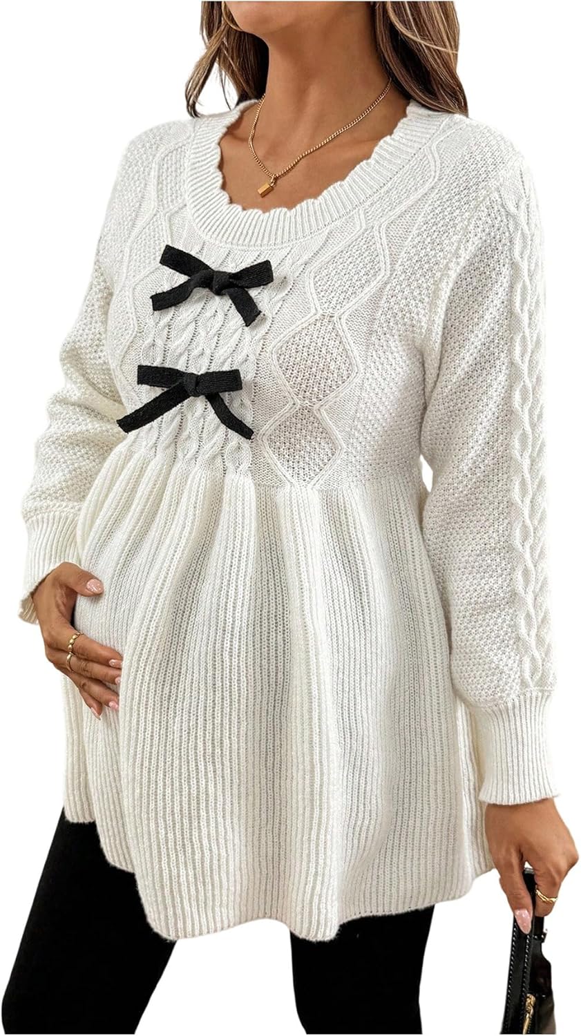 MakeMeChic Women's Maternity Sweater Bow Crew Neck Ruffle Long Sleeve Pregnancy Pullover Top