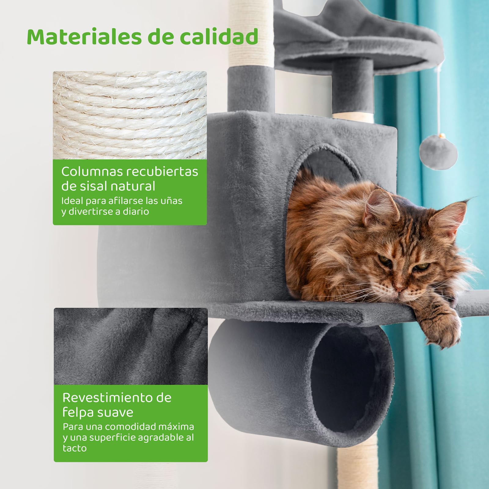 Árbol para Gatos XL, rascador para Gatos, Plataformas, caseta, Hamaca, Pelotas, columnas de sisal, Felpa, Altura 150 cm, Gris Oscuro, garantía de 5 años