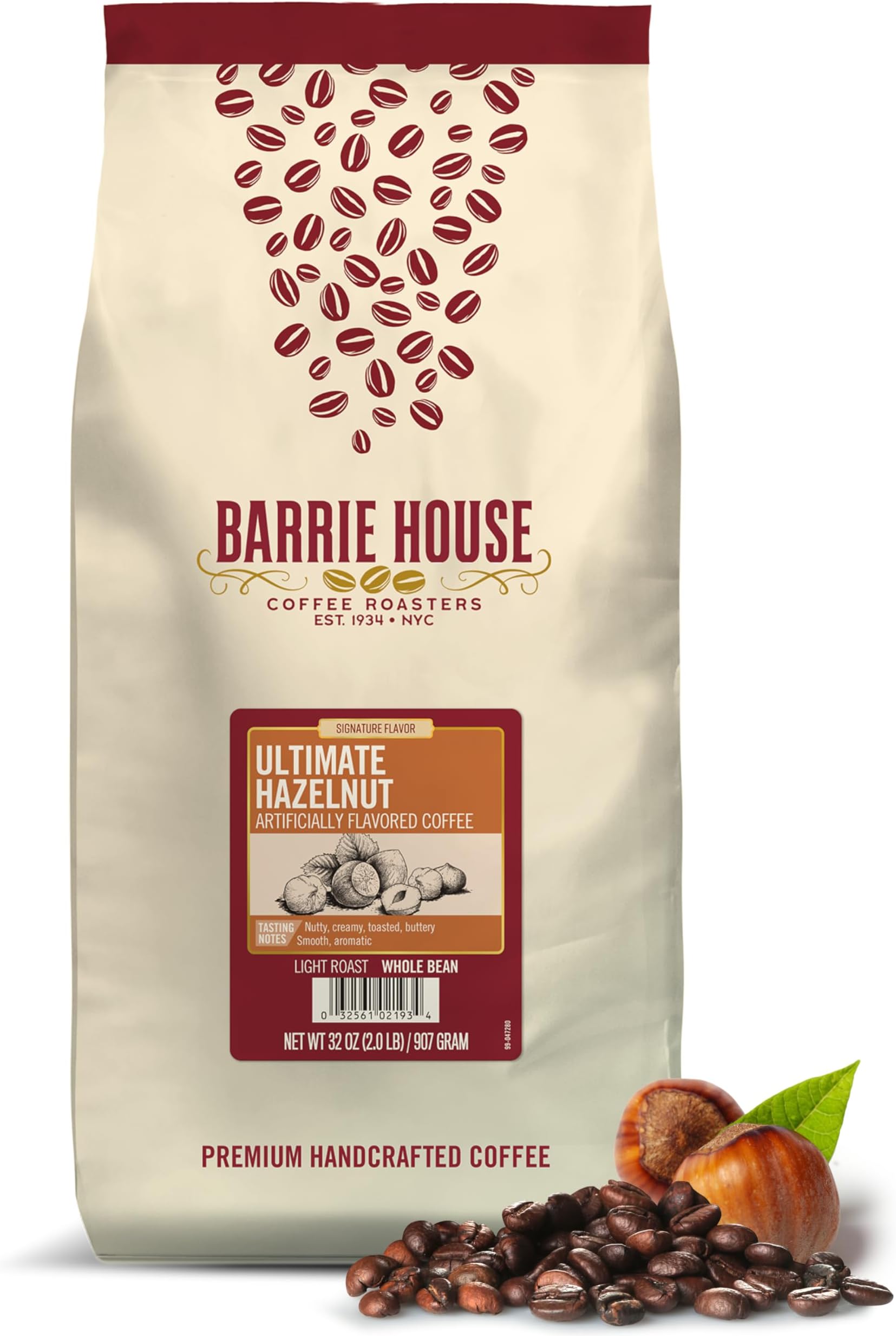 Barrie House Ultimate Hazelnut Flavored Whole Bean Coffee | 2 lb Bag | 100% Arabica Coffee Beans | Artificially Flavored