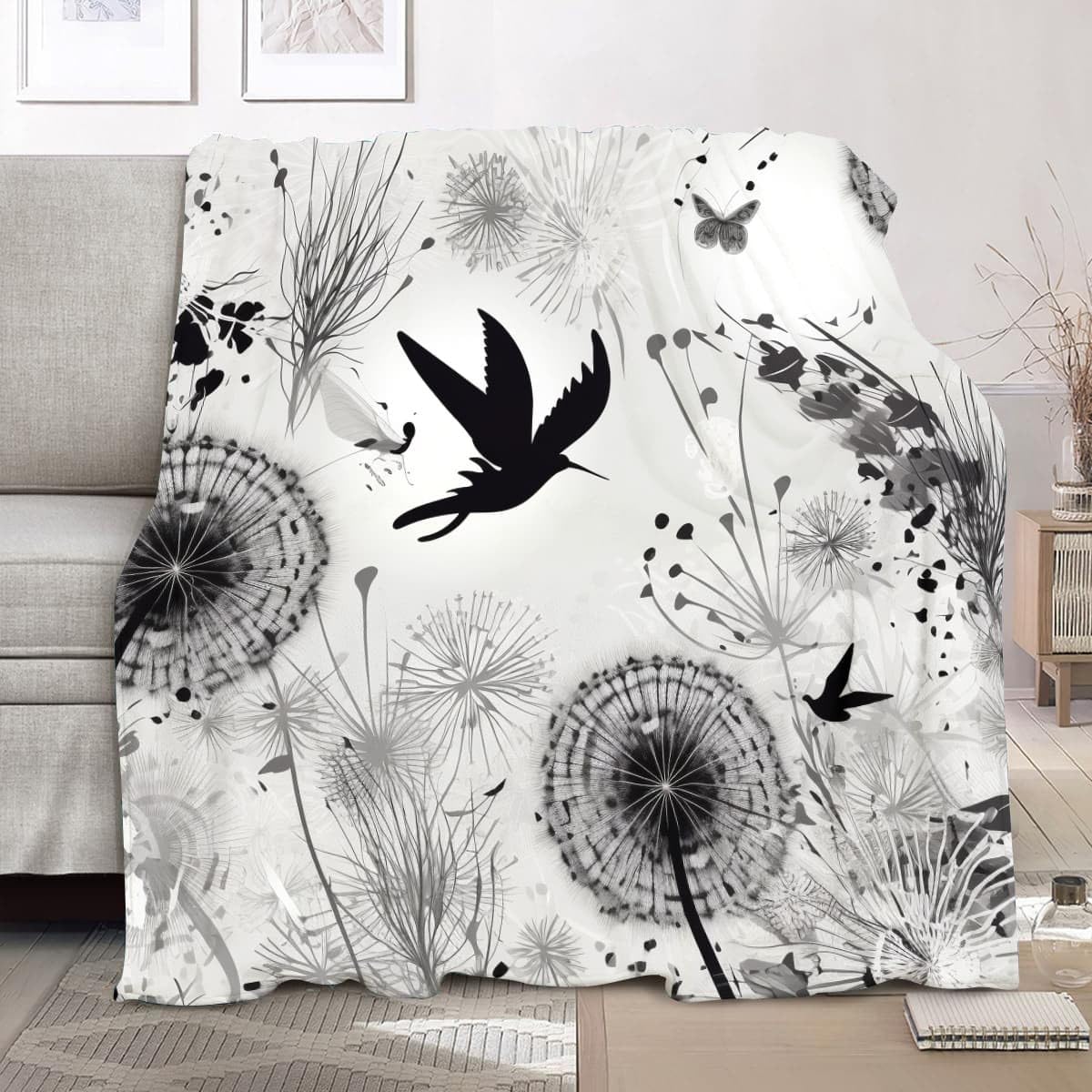 Kunst VöGel Dandelion, motyle, przytulny koc – szary, wełniany koc i koc polarowy, koc na sofę, miękki, ciepły, sztruksowy koc do pokoju, dekoracja mieszkania, przytulna narzuta XXL, 180 x 200 cm