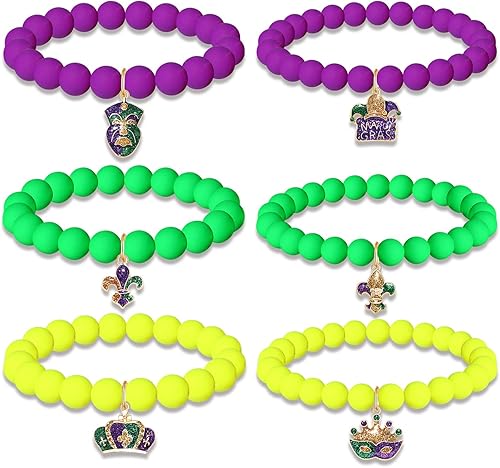 NLCAC Pulseras de Mardi Gras para mujer, con purpurina, máscara de corona, flor de lis, pulseras elásticas de cuentas moradas, verdes y doradas,