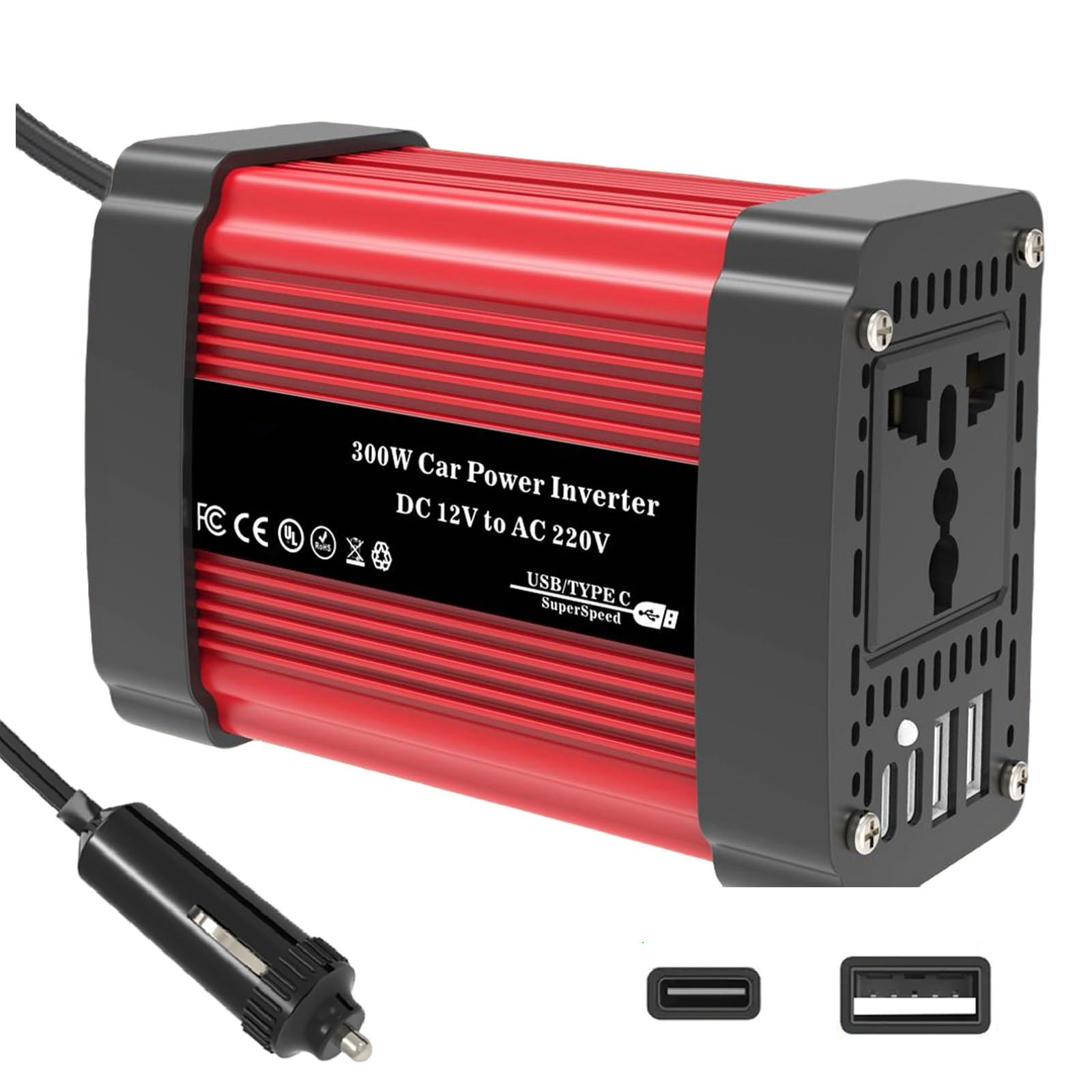 300W/600W 12V 220V Inverter Onda Pura con Doppia Porta USB Smart Type-C da 2,4 A per Camper Auto Convertitore di Potenza