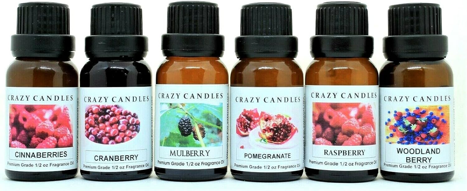 6 Bottles Set, 1 Cinnaberries, 1 Cranberry, 1 Mulberry, 1 Pomegranate, 1 Raspberry, 1 Woodland Berry 1/2 Fl Oz Each (15ml) Premium Fragrance Oils (Made in USA)