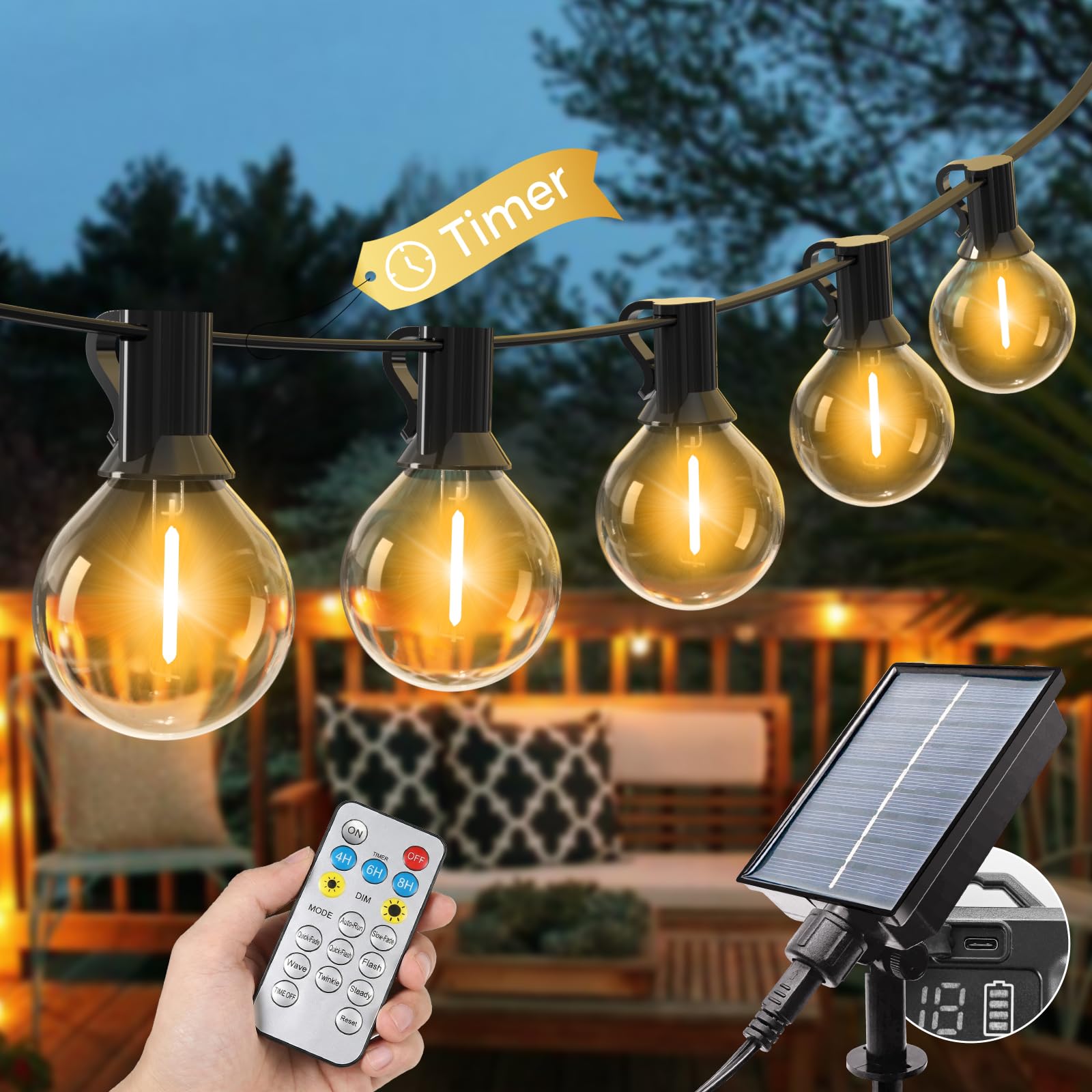 litogo Solar Festoon Lights Outdoor with Remote, 25+2 Bulbs Solar String Lights Outdoor Garden Dimmable, 30Ft/9M 8 Modes Timer Patio Light for Outside Wedding Backyard Party Camping (Warm White)