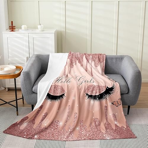 Erosebridal Manta de pestañas rosa ligera, manta de vellón de mármol brillante para adultos, para niñas y mujeres, manta de franela de tinta fluida