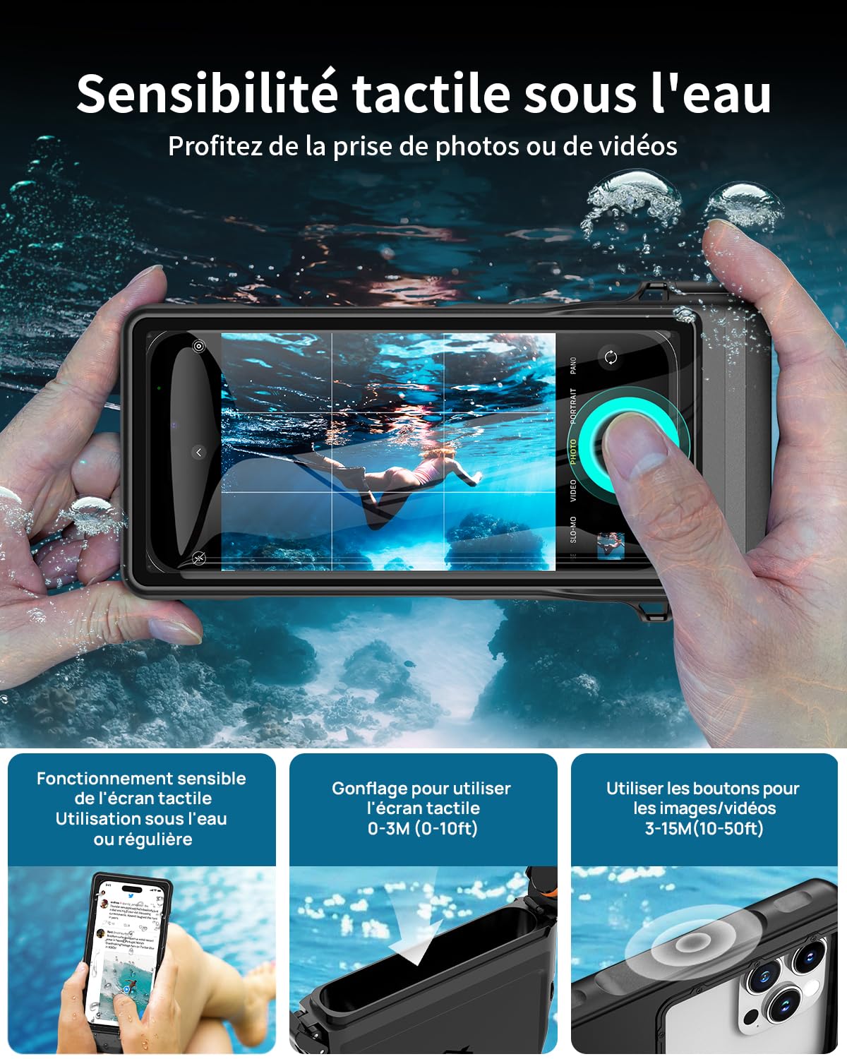 Lanhiem Pochette Étanche 15M [Universelle] Coque Téléphone IPX8 Plongée Professionnel Étui pour iPhone Samsung Galaxy Huawei XiaoMi RedMi Goole Pixel et Smartphone 4.7-6.9'' sous Marine Housse, Noir
