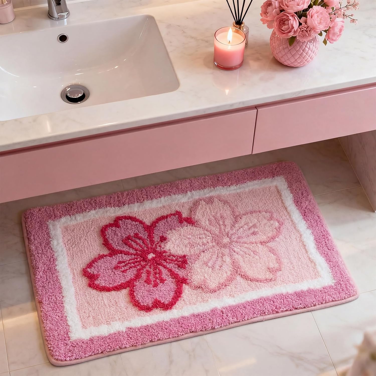 Boao Cherry Bath Mat Blossom Pink Flower Tufted Bathroom Rug Non Slip Soft Absorbent Tufted Cute Cherry Bathroom Accessories Decor for Bedroom Kitchen Floor Tub Shower Sink, 24 x 16 Inches