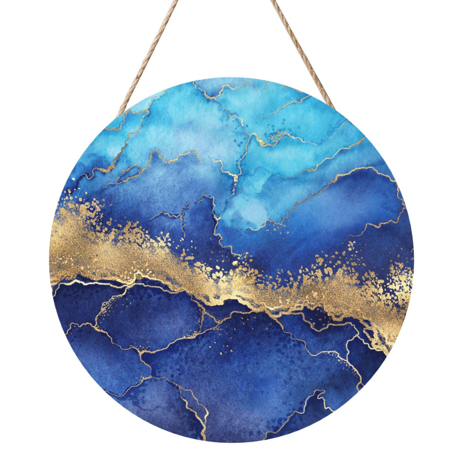 InOmak Blue Marble Abstract Gold, Round Wood Panel Painting 12 in, Wall Hanging Painting For Home