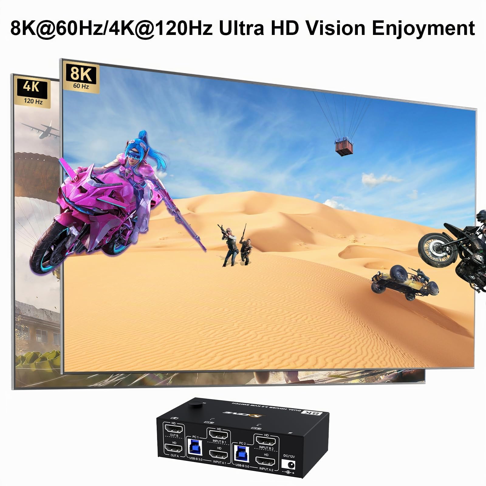 Commutateur KVM 2 PC 2 moniteurs 8K @ 60Hz 4K @ 144Hz, commutateur KVM double moniteur HDMI2.1 pour 2 PC Partager 2 moniteurs et 4 appareils USB 3.0 (3USB-A+USB-C), avec bloc d'alimentation 12 V CC +