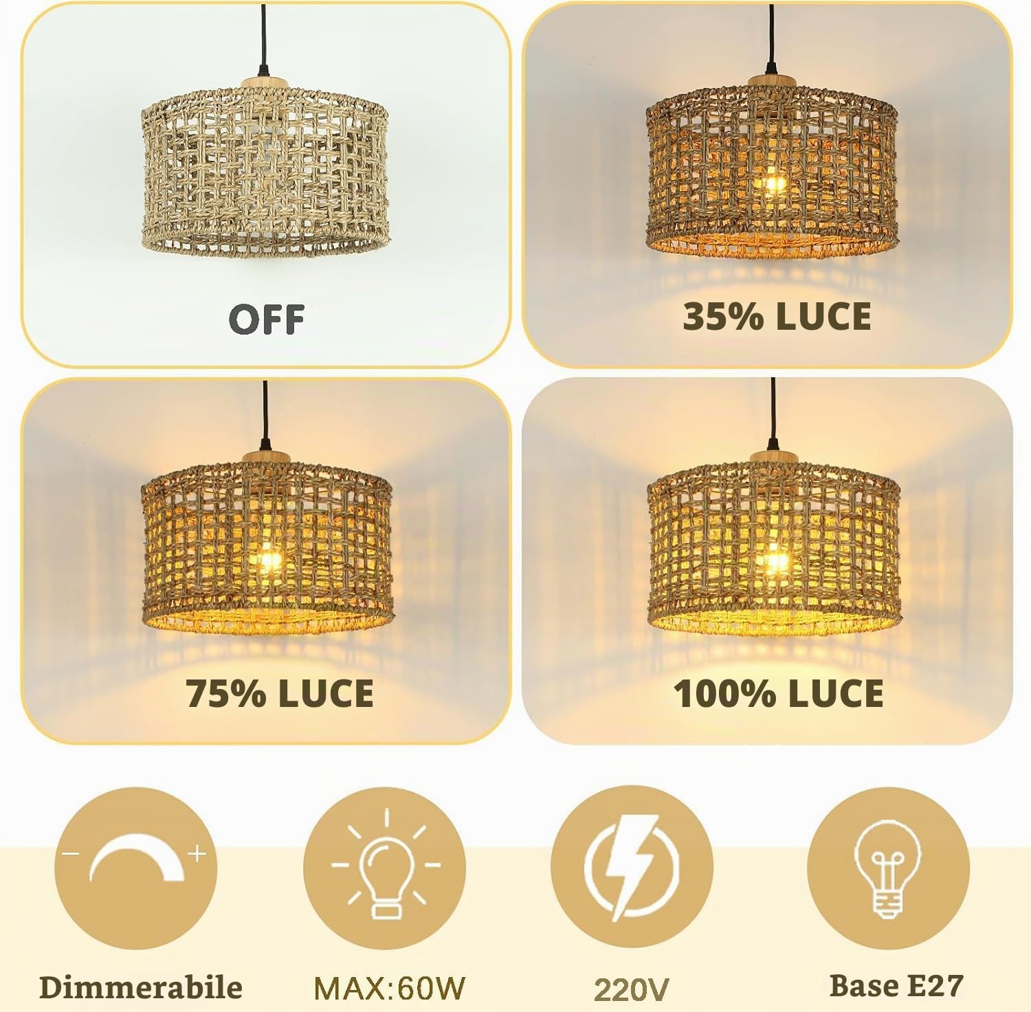 Lampada a sospensione in rattan intrecciato a mano, 30 cm, 1 luci, lampadario per soggiorno, fattoria E27, decorazione Boho per interni, per cucina, camera da letto, soggiorno, sala da
