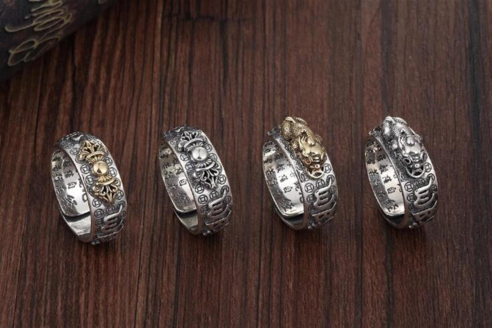 Chiński Pierścień Szczęścia Feng Shui ， Feng Shui Pixiu Mantra Pierścień S Srebrny Buddyjski Amulet Szczęścia Mantra Podwójna Ochrona Bogactwo Miłość Zdrowie Pierścień Prezent dla Mężczyzn Kobiety, Zł