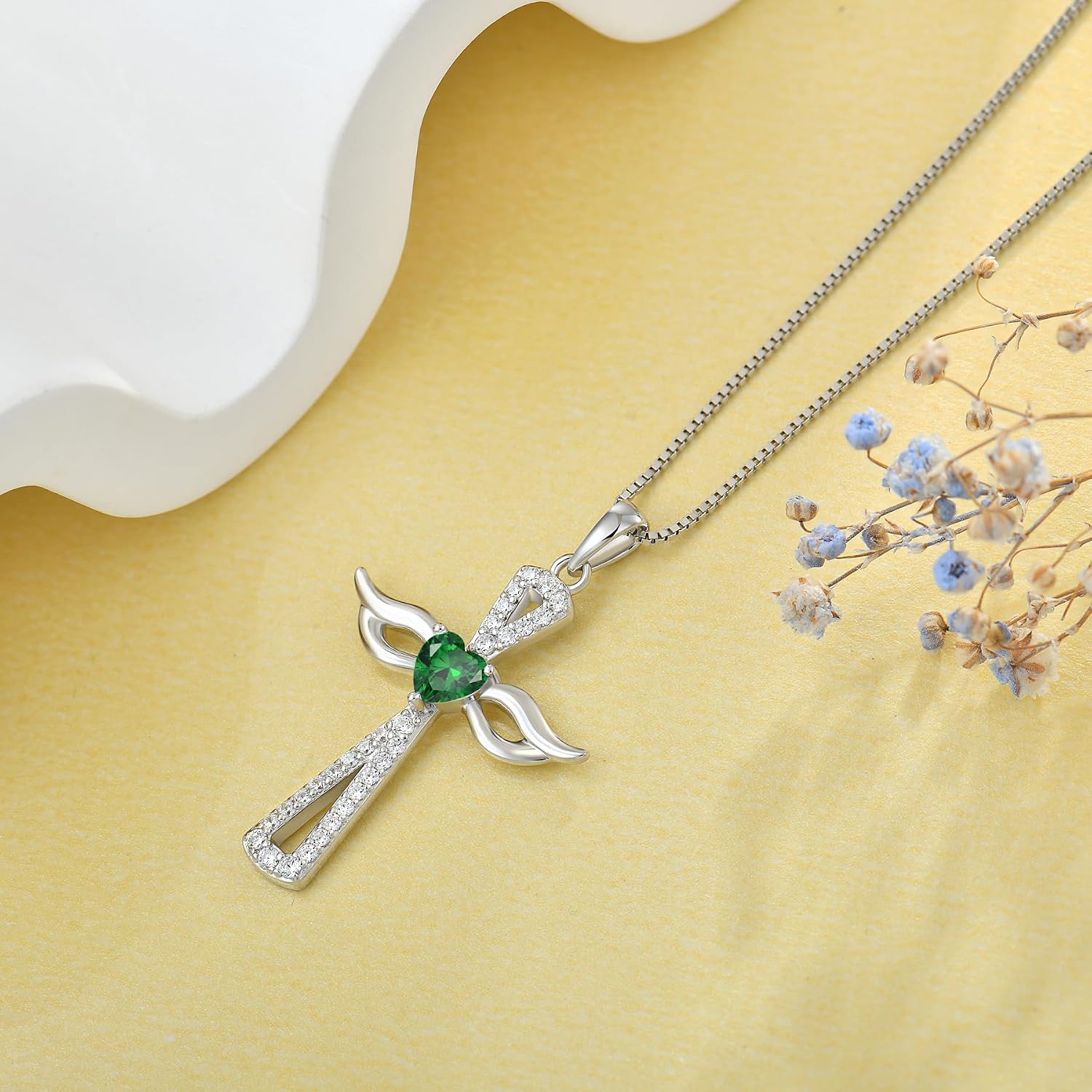 JO WISDOM Guardian Angel Wings Cross Necklace 925 Sterling Silver Cubic Zirconia Heart Birthstone Pendant Jewelry for Women