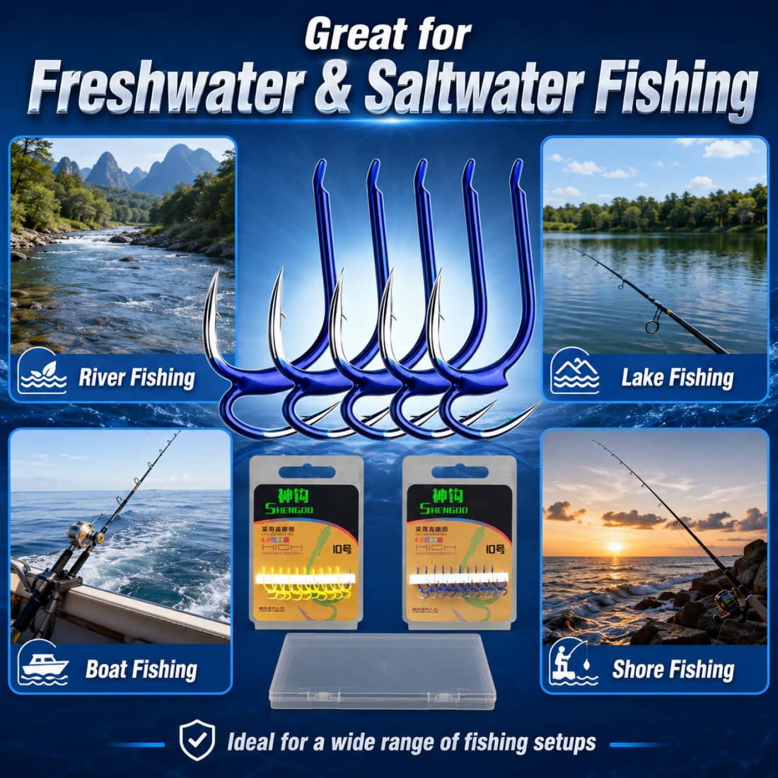 Classic Sharp Double Fishing Hooks, Kit Ami da Pesca, Ami in Acciaio al Carbonio, Ami Barbed a Doppia Punta ad Alta Resistenza con Attrezzatura da Pesca per Acqua Dolce e Salata