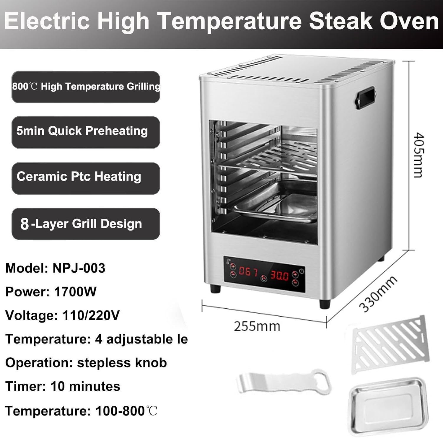 1700w Electric Steak Broiler -8/10 Layer Grill,Portable Commercial Table Top Steak Searer,Stainless Steel Small Camping Oven Steak Cooker Machine-800℃ High Temperature-For Home,A1