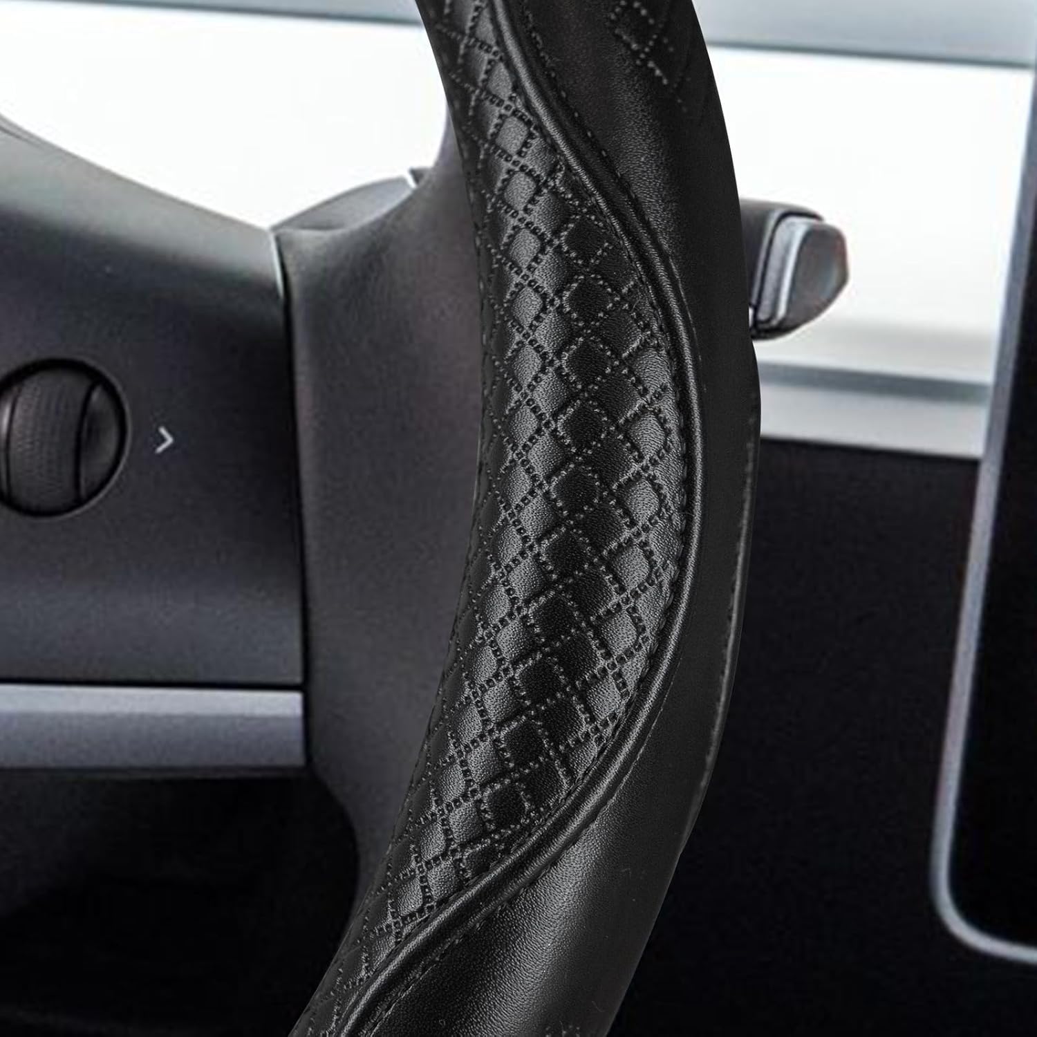 Heavy Duty Pure Cowhide Steering Wheel Cover for Tesla Model Y/3 2016-2025 2026 Highland/Juniper, Black,14 Inch Small Sized, Custom-Fit Genuine Leather Steering Wheel Cover for Tesla Black