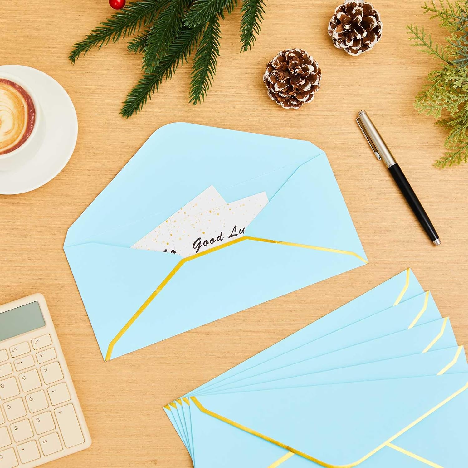 Cholemy 50 Pack Light Blue #10 Business Envelopes with Gold Border Self Adhesive V Flap 4 1/8 x 9 1/2 Standard Envelopes for Office, Letters, Checks, Invoices, Documents