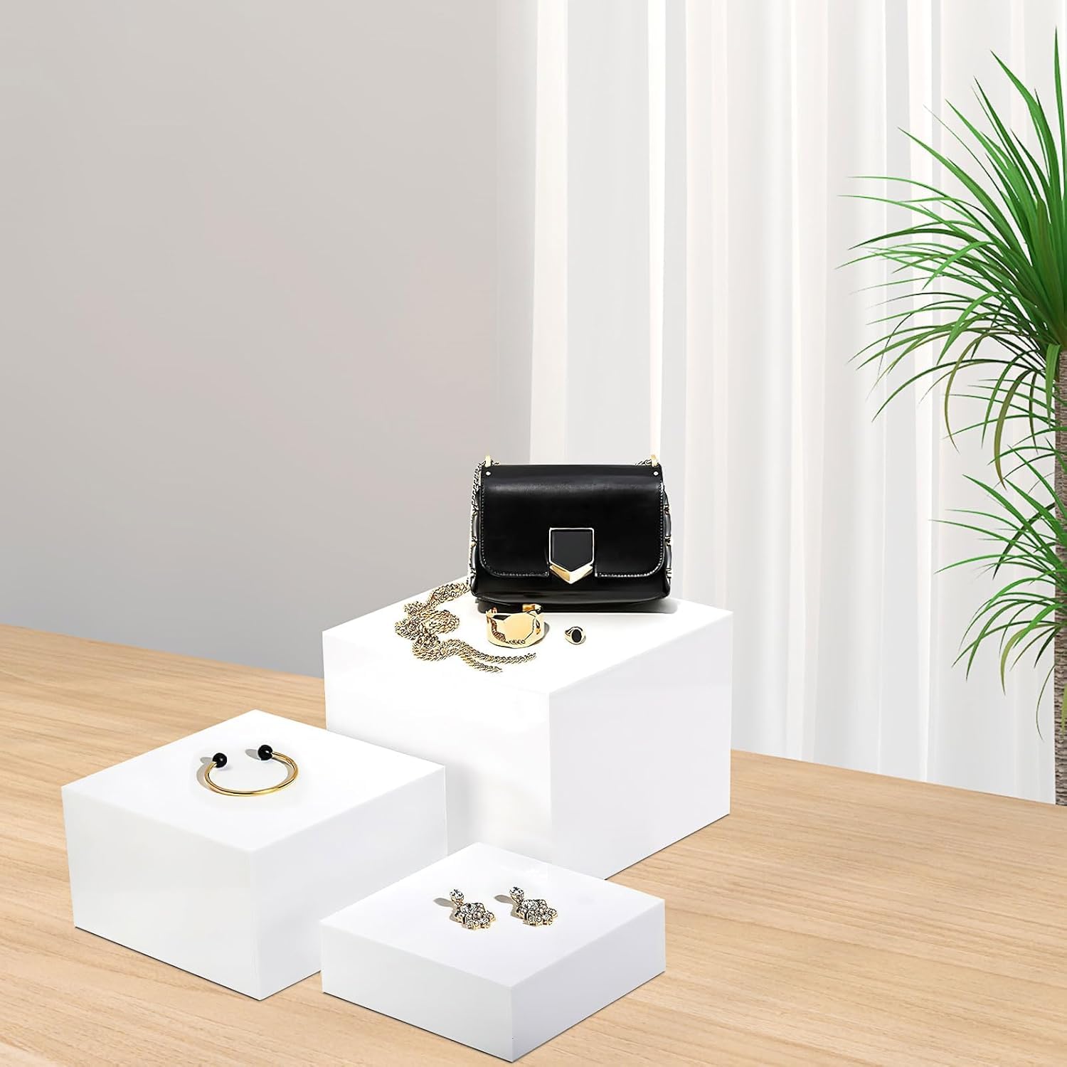 LYCN Lot de 4 présentoirs de buffet en acrylique blanc pour présentation - Base décorative carrée - Boîtes cubiques en acrylique avec fond creux pour cupcakes et bijoux