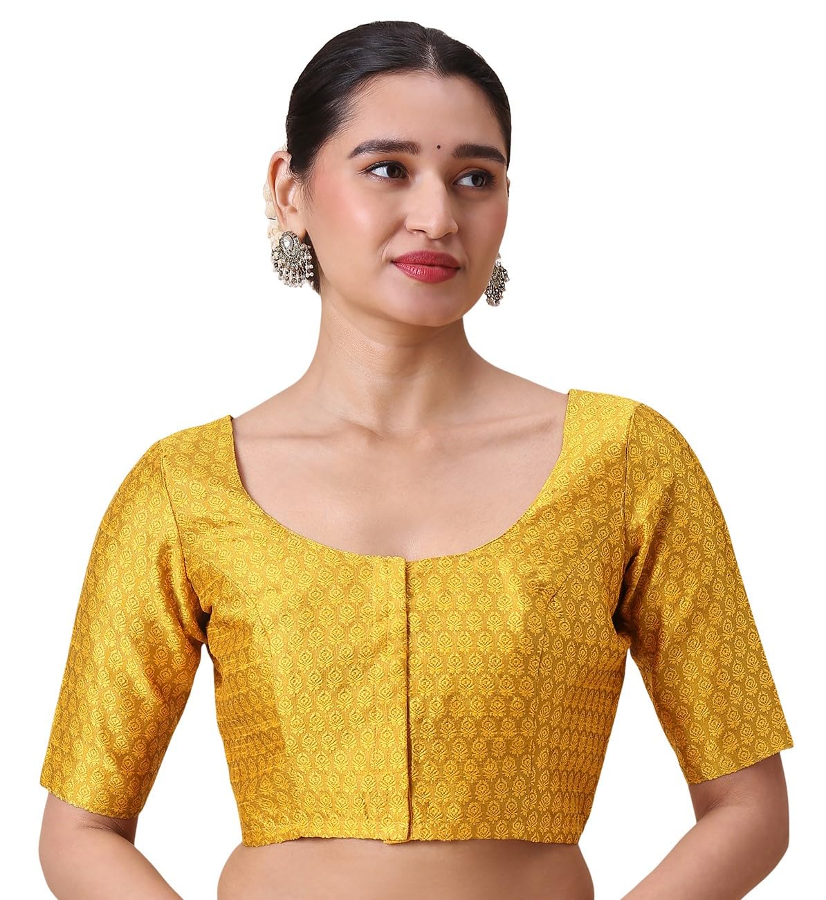 studio shringaar Women's Yellow Benarsi Resham Brocade Readymade Saree Blouse-picture-11