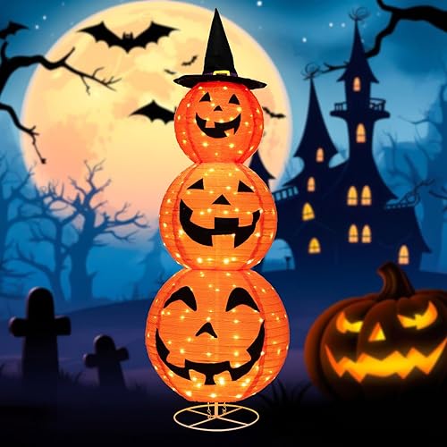 Miniatura 2 de HOMGX - Decoraciones de calabaza de Halloween de 5 pies con 180 LED, calabaza iluminada preiluminada para exteriores con sombrero de bruja, calabaza