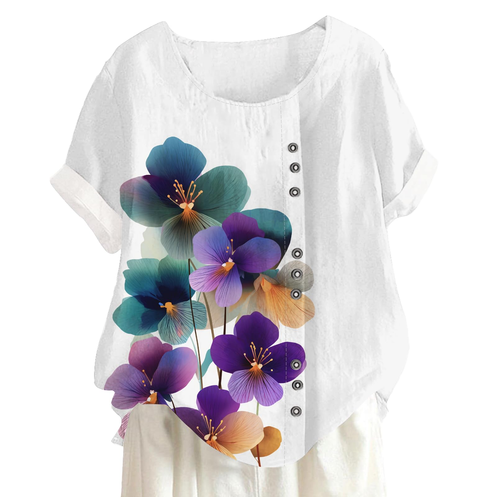 Floral Graphic Shirt Casual Tops for Women Fashion Short Sleeve Crewneck Blouse Loose Comfy Summer Beach Pullover