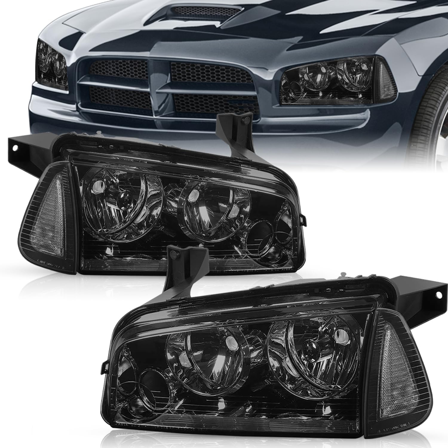 TUSDAR Halogen 4Pcs Headlight Assembly Set Replacement for 2006-2010 Dodge Charger Headlight & Side Marker Corner Lamp OE Replacement Headlamp Driver and Passenger Side Smoke