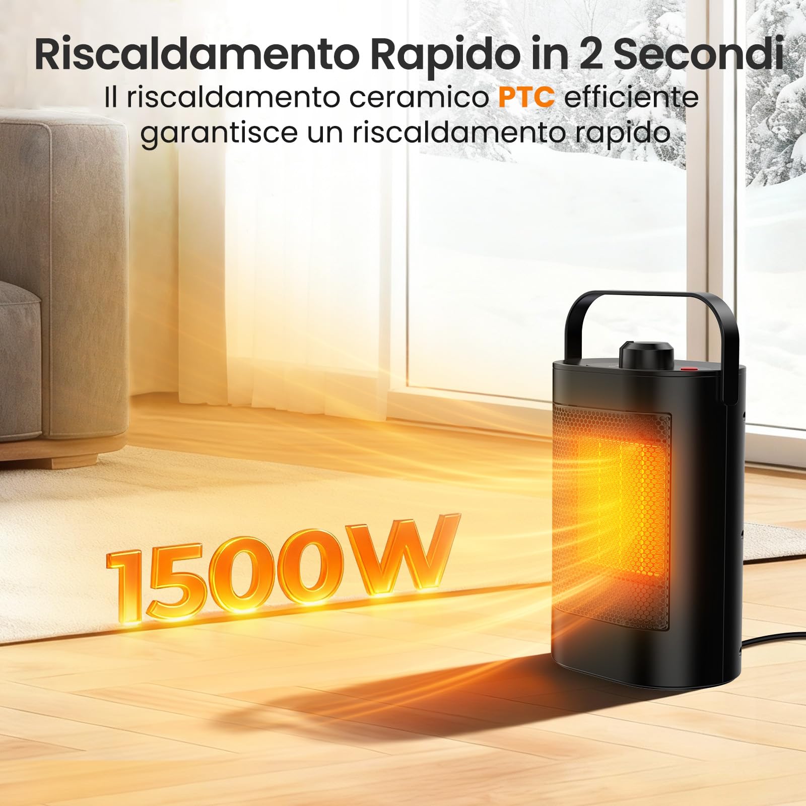 Stufetta Elettrica Basso Consumo 1500W per Uso Domestico, 3 modalità, in Ceramica PTC, Protezione da Surriscaldamento e Ribaltamento, Stufe Elettriche Portatile per Soggiorni, Uffici