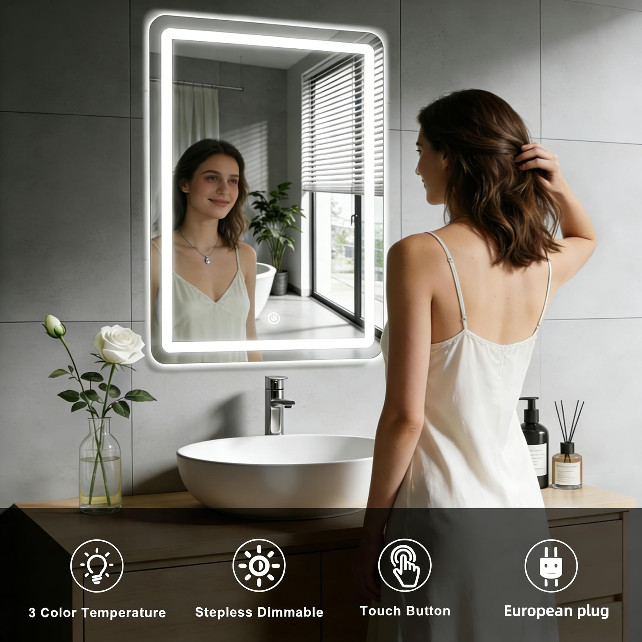 Espejo de Pared para baño, Espejo de baño con iluminación, Espejo con luz LED, Interruptor táctil y 3 Colores Regulables (70 L x 50 B)