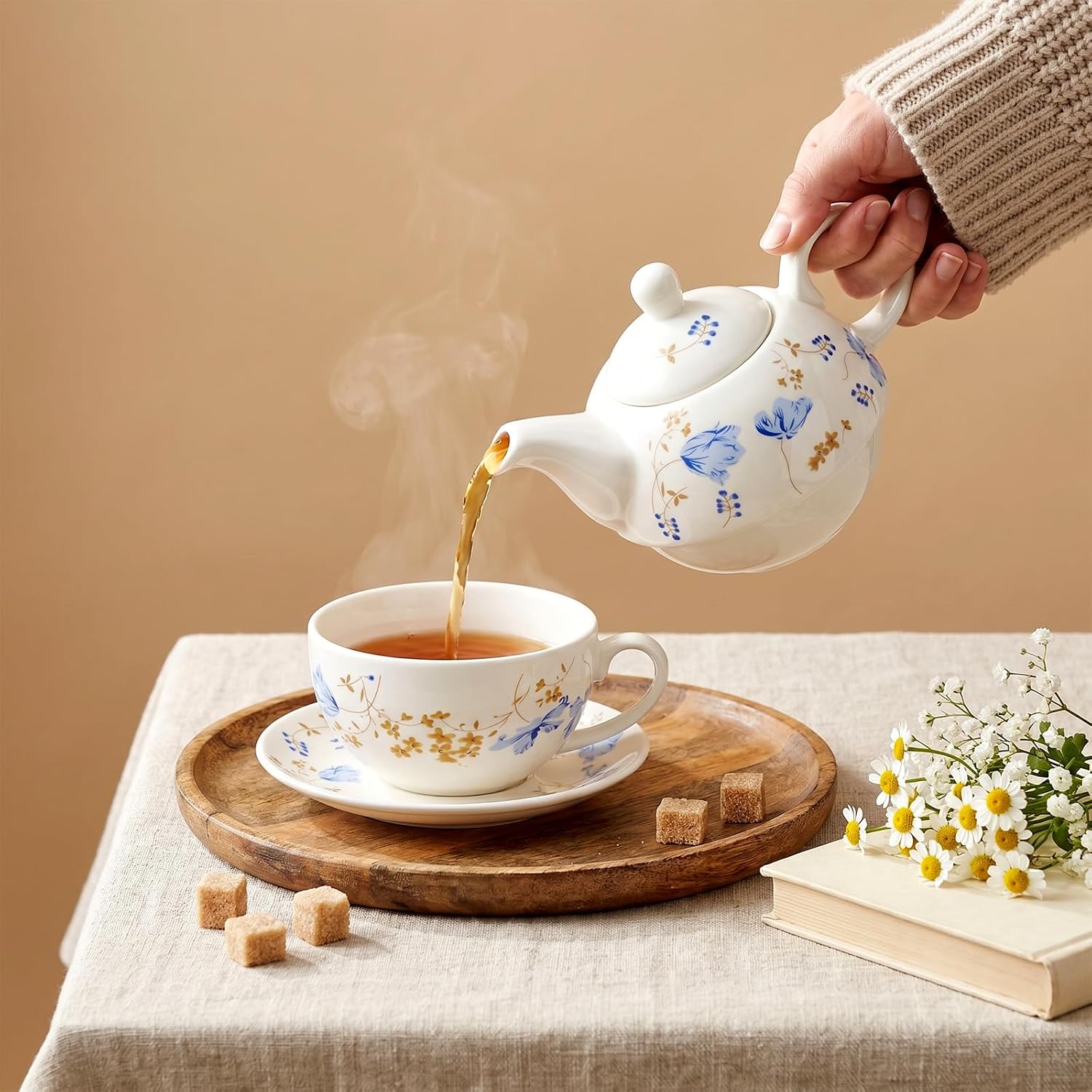 Tea Sets for Adults Porcelain Tea for One Set with Teacup and Saucer, Orchid Floral Tea Cups and Saucers Set, Elegant Tea Set Gift for Women, 16.8oz Teapot & 12.3oz Cup, White Ceramic Tea for One Set