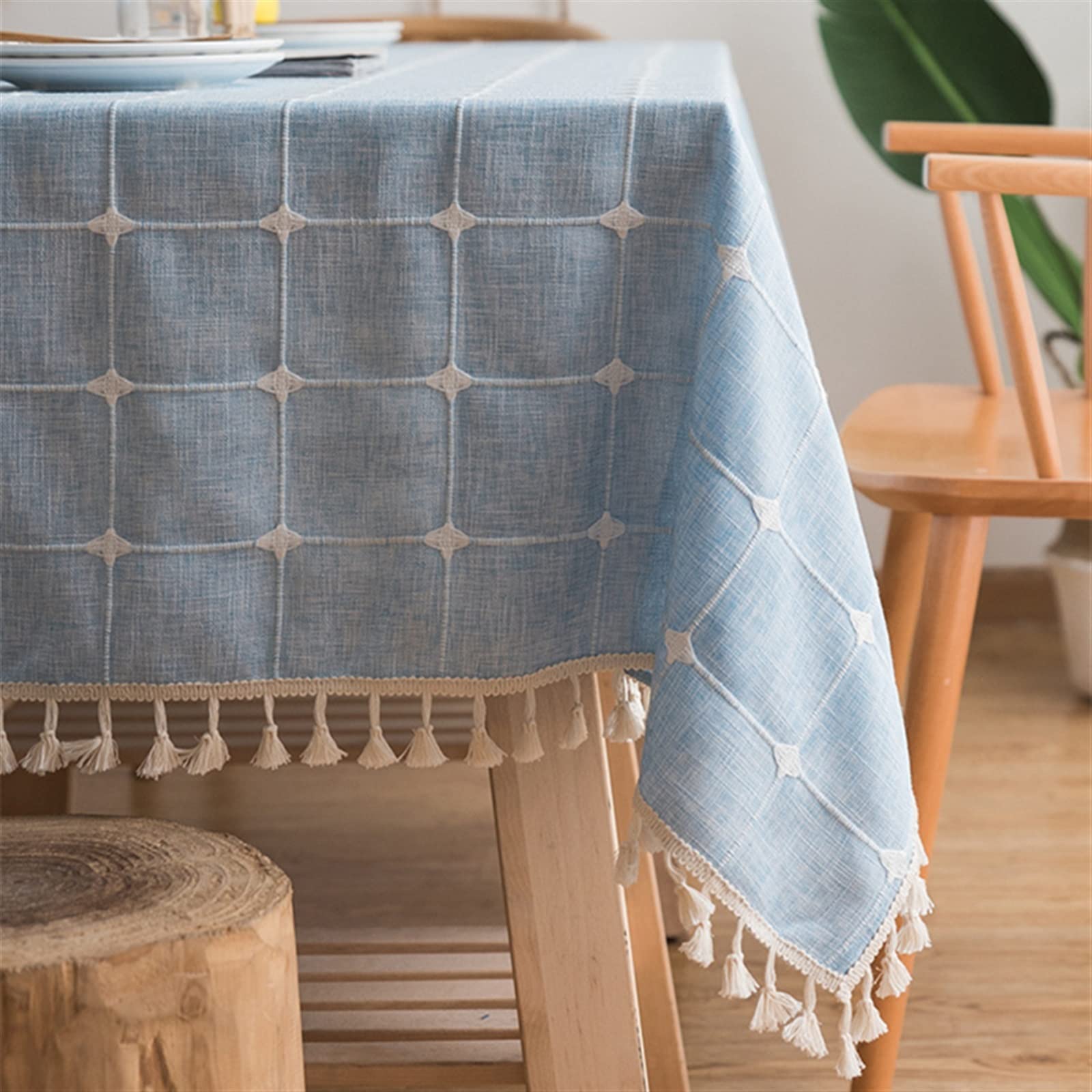 Japan Style Cotton Linen Obrus ​​Niebieskie Paski Chusta Haftowane Prostokątny Stół Obrus ​​Dekoracje Kuchenne Domu Tabeli Pokrywy(Light Blue,110x110cm)