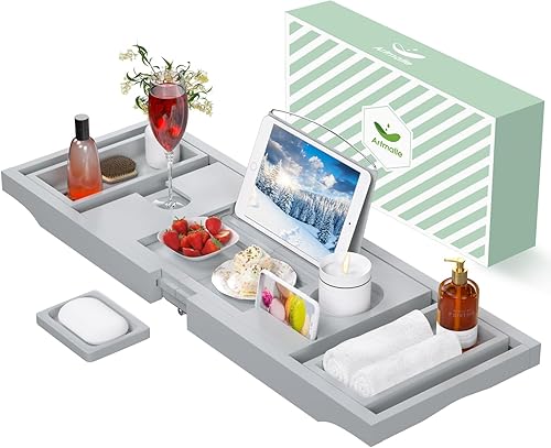 Artmalle Bandeja de bañera para bañera Bandeja organizadora ajustable de bambú para baño, bandeja plegable de lujo con soporte para libros para spa