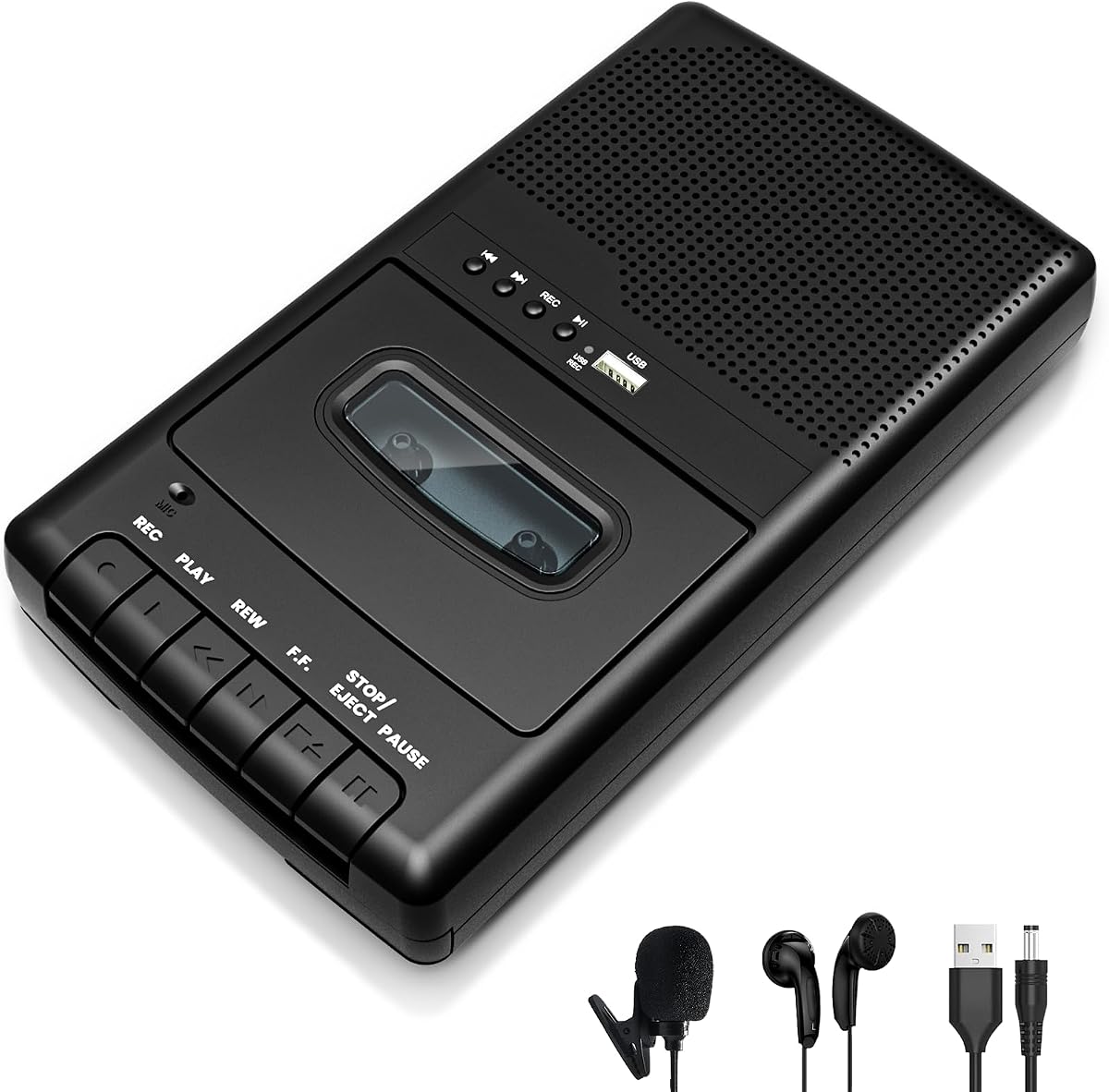 Grabador de casetes portátil. Altavoz incorporado para escuchar casetes | Convertidor de cinta con conector para auriculares, grabación en casetes/USB a través de micrófono, casete portátil a música WAV a través de disco U