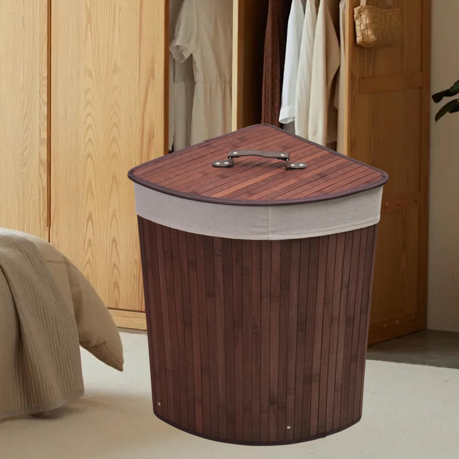 predolo Cesto Portabiancheria Angolare con Coperchio E Maniglia, Rivestimento Rimovibile per Ripostiglio, CaffÈ