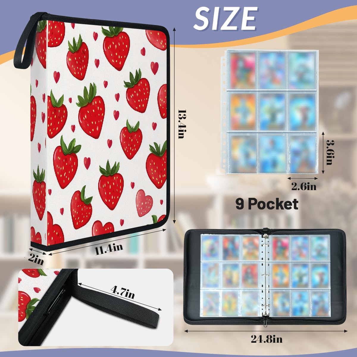 Classeur pour cartes à collectionner à 4 poches, 900 poches, sac de rangement double face avec pochettes amovibles, joli motif fraise rouge, lot de protecteurs d'album pour collectionneurs