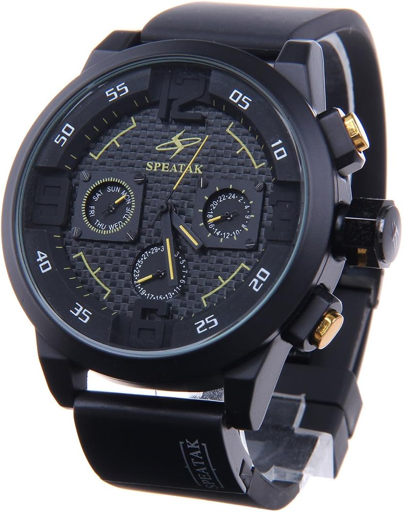 SPEATAK AP9035G Fashion Luxury Rubber Band Analog Quartz Wrist Watch for Men - Black + Yellow