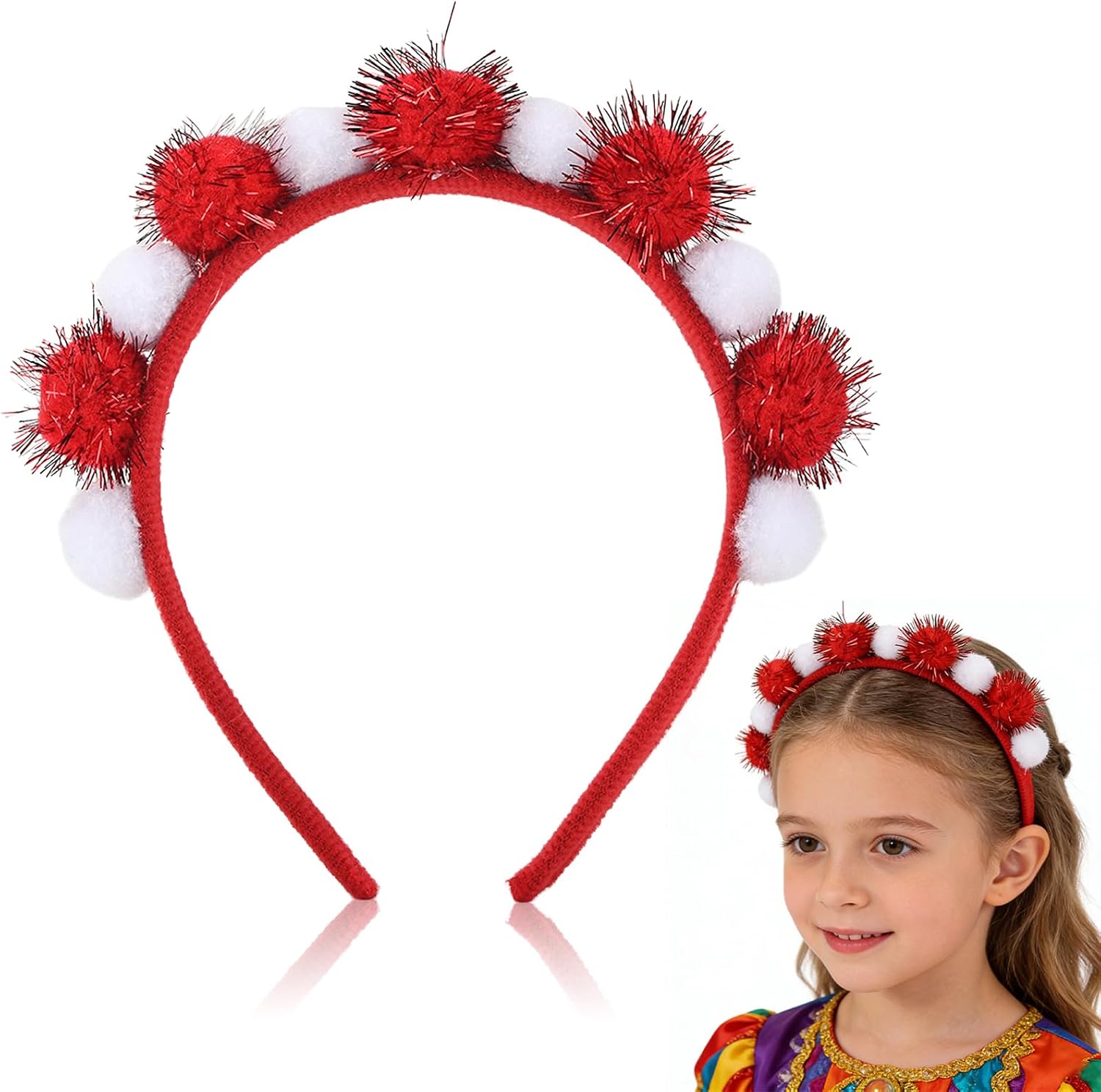 Czerwono-biały pompon opaska do włosów z pomponami na karnawał, retro pióra, ozdoba głowy, karnawał, czerwono-biała, ozdoba głowy, kostium karnawałowy, akcesoria na imprezę tematyczną