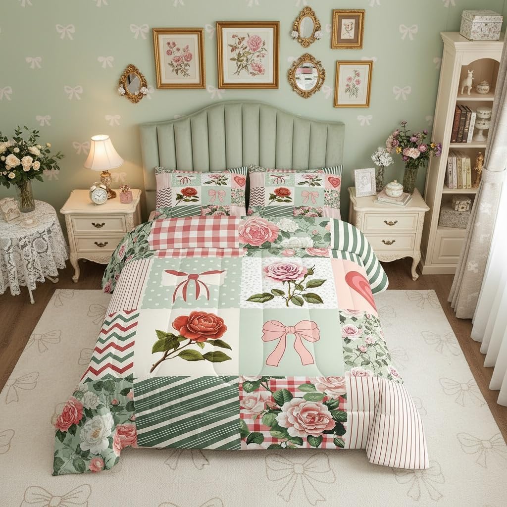 Manfei Floral Bows 3Pcs Comforter Set Queen Size Patchwork Grid Geometric Lines Bedding Set Kids Teens Adult Room Decor Coquette Bow Knot Duvet Insert,2 Pillowcases French Princess Style