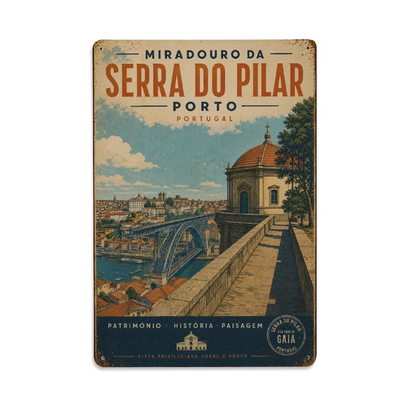 Vintage Travel Miradouro Serra Pilar Viewpoint Portugal Metal Tin Sign Wall Decor for Cafe, Club, Garden Metal Poster 8x12Inch