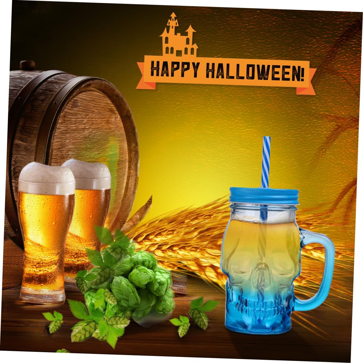 2pcs Halloween Gradient Blue Skull Glass Beer and Beverage Cups with Handle 500ml Party Skull Glasses for Halloween Decoration and Drinking Random Color