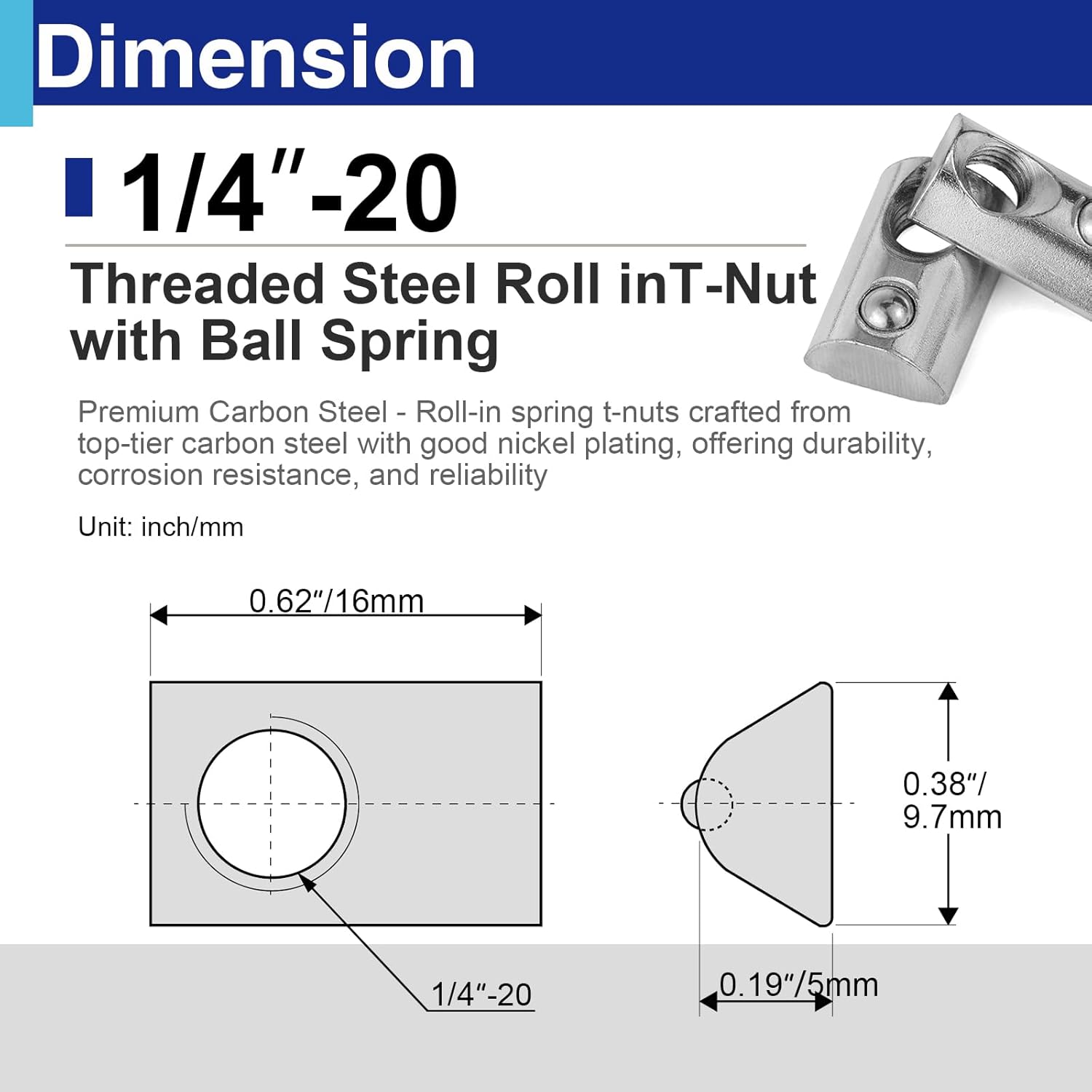 1/4-20 Roll in T Nut with Ball Spring, Carbon Steel Spring Loaded T Slot Nut Compatible with 8020 10 Series Aluminum Extrusion Rails 25PCS