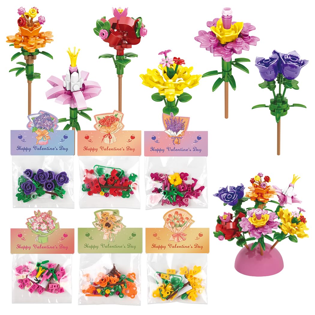 24 Pack Valentines Flower Bouquets Building Blocks - Ideal for Kids Classroom Exchange Party Favors and School Gifts