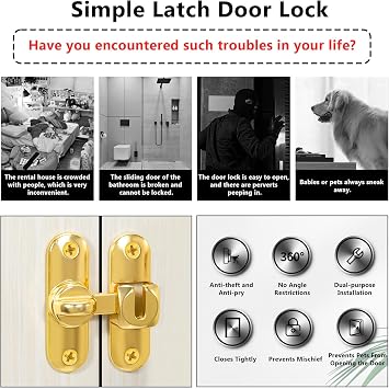Degree Flip Barn Door Lock 90 Degree Door Lock Sliding Barn Hardware Security Door Latch Zinc Alloy Doors Lock Latch for 90 and 180 for Pet,Bathroom (Gold)