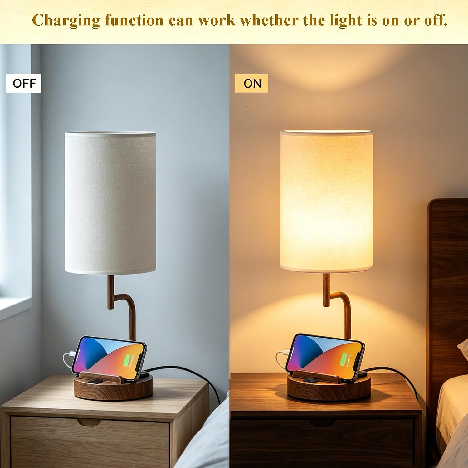  2 Pack Table Lamp, Bedside Lamp with 3 USB Charging Ports & AC Outlet, USB Desk Lamp with 2 Phone Holders, Linen Fabric Shade Nightstand Lamps for Bedroom Living Room Office, Walnut thumbnail