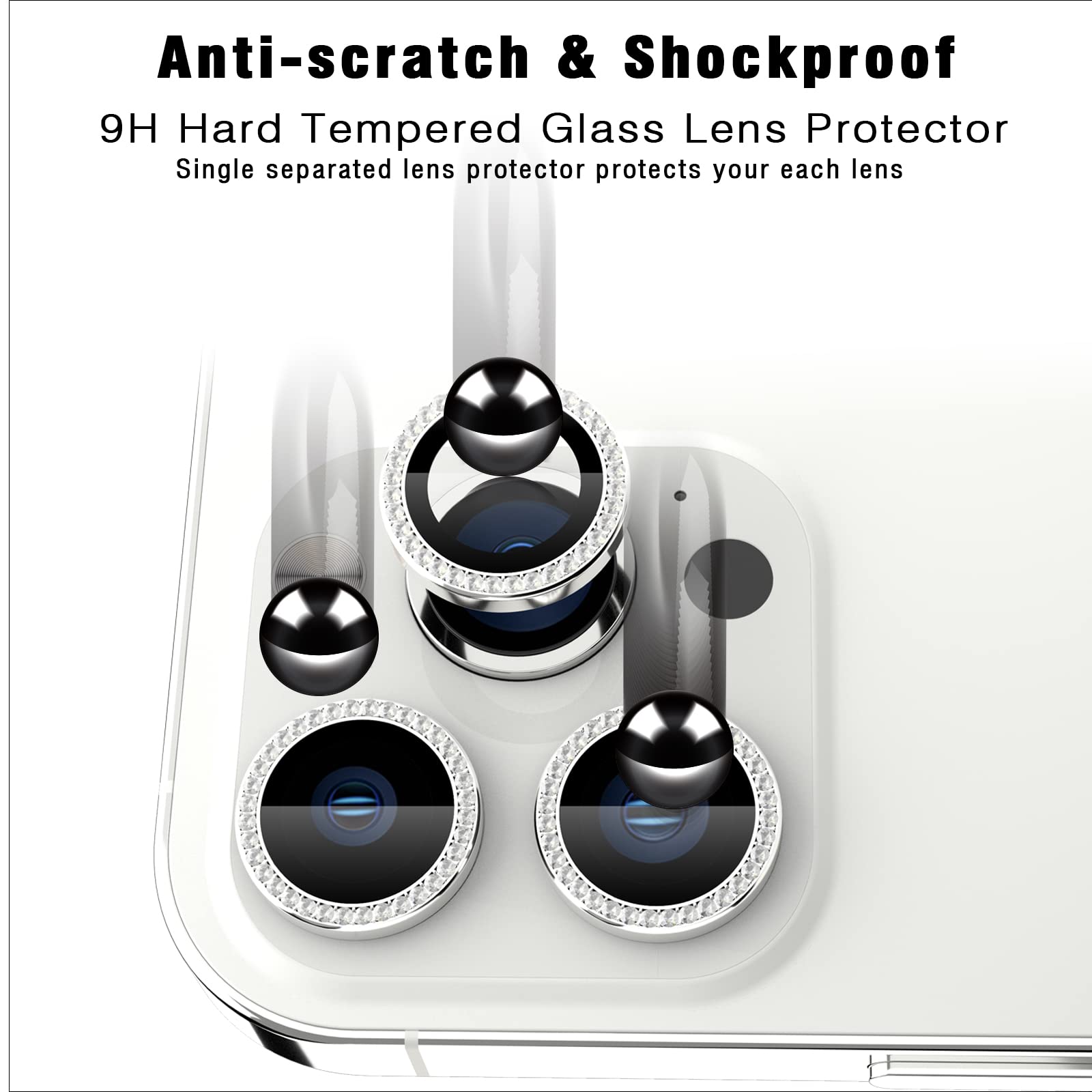 Bling Diamond osłona obiektywu aparatu do iPhone'a 13 Pro / iPhone 13 Pro Max, HD przezroczysta osłona obiektywu aparatu ze szkła hartowanego, przyjazna dla etui, odporna na zarysowania (srebrny