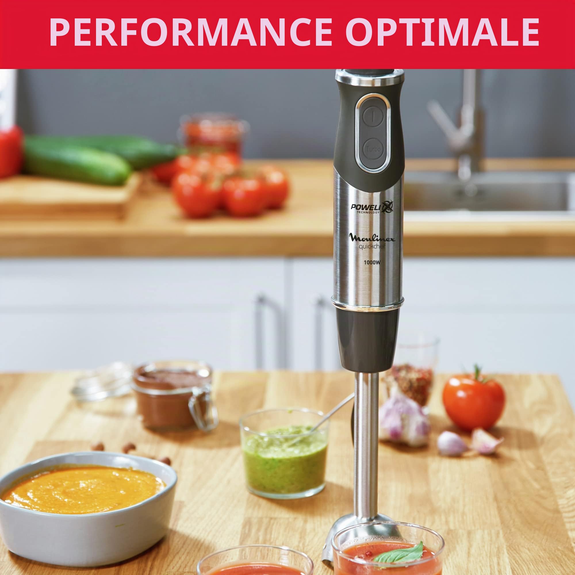 Moulinex QuickChef DD6578 Mélangeur manuel 1000 W avec régulateur de vitesse turbo avec 2 accessoires de découpe, hachoir et tasse à mesurer, dôme anti-éclaboussures, acier