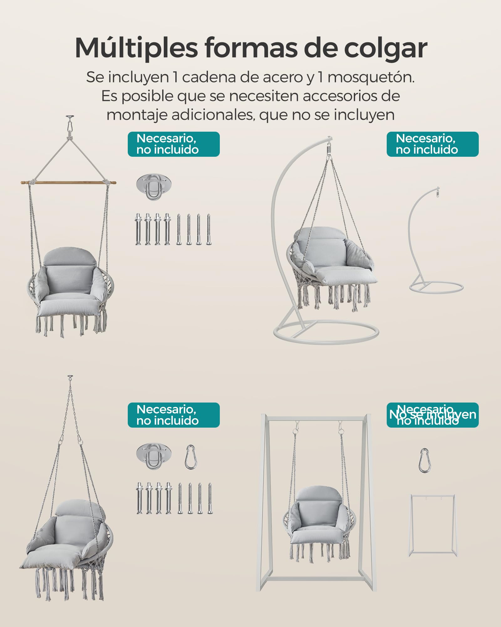 SONGMICS Hamaca Silla, Silla Colgante, Cojín Grande y Grueso, Boho para Dormitorio, Balcón, Jardín, Sala de Estar, Soporta hasta 120 kg, Incluyen Accesorios, Gris Paloma GDC042G11V3