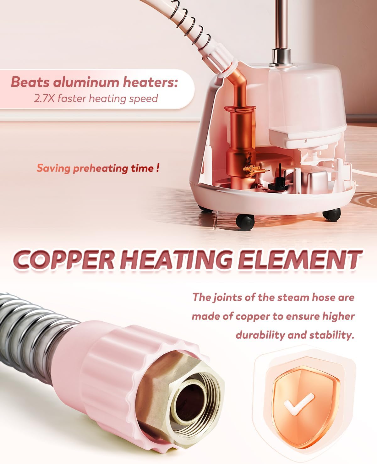 Standing Garment Steamer with Ironing Pad, 2200W Steamer for Clothes, 3L Tank, 70-Min Continuous Steam, 40s Fast Heating, Adjustable Height, Drain Port Design, Universal Wheels, Pink