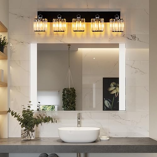 Miniatura 2 de Accesorios de iluminación de baño de cristal negro, 5 luces modernas de cristal para tocador de baño, lámparas de pared para baño